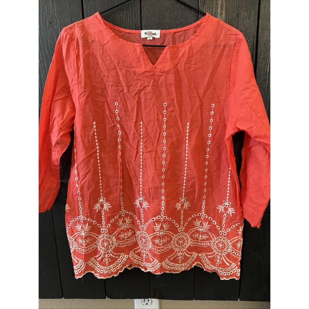Kindred Size PS Floral embroidered Coral Colored Blouse Beach Sheer  100% Cotton